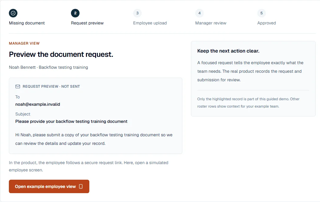 QualiRoster demo showing a document request preview and employee upload workflow for a plumbing team